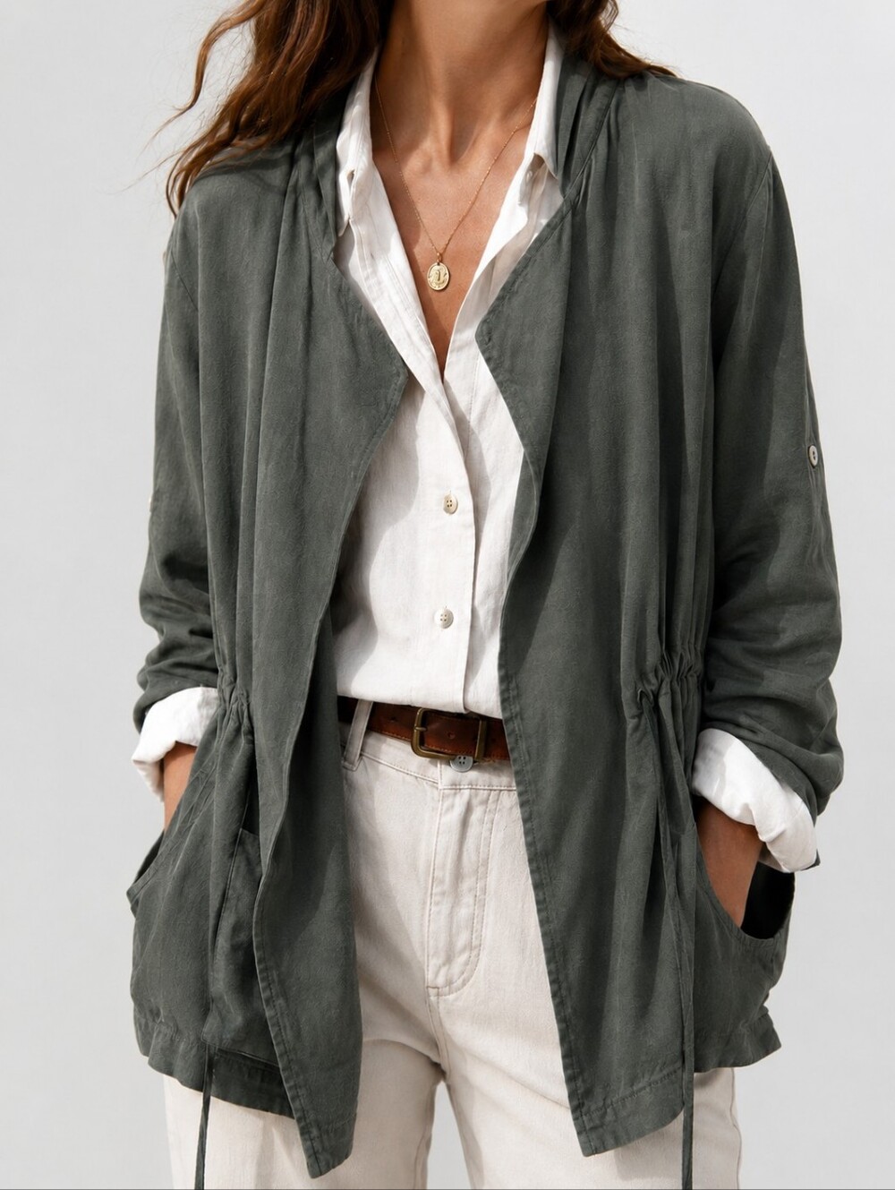 May & July Olive Green Draped Utility Jacket Lightweight Open Front 3X